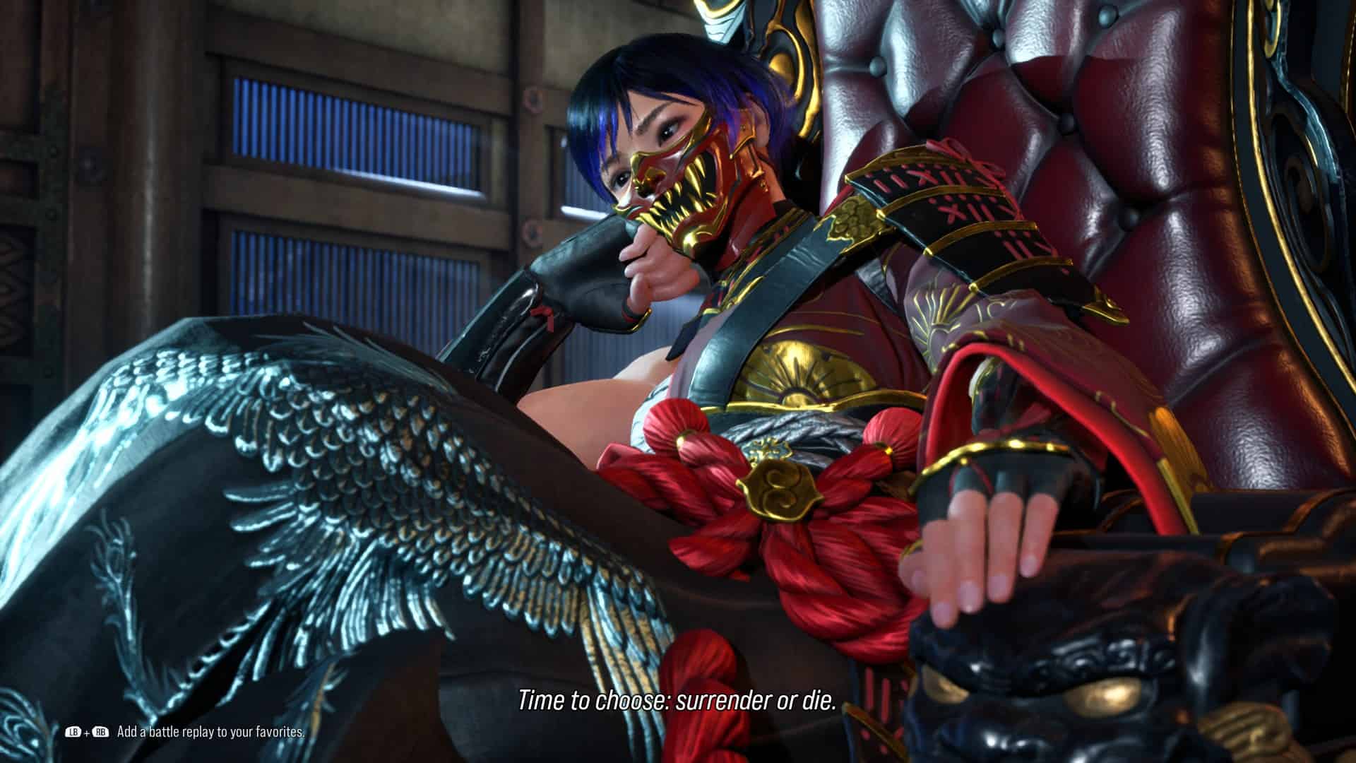 Tekken 8 Reina: Reina dressed in armour, sitting on a throne.
