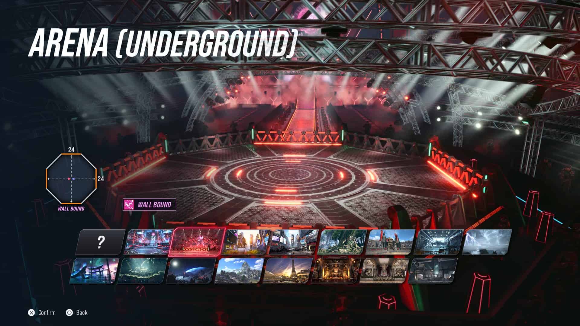 Tekken 8 stages: The Arena (Underground) stage in the stage select screen