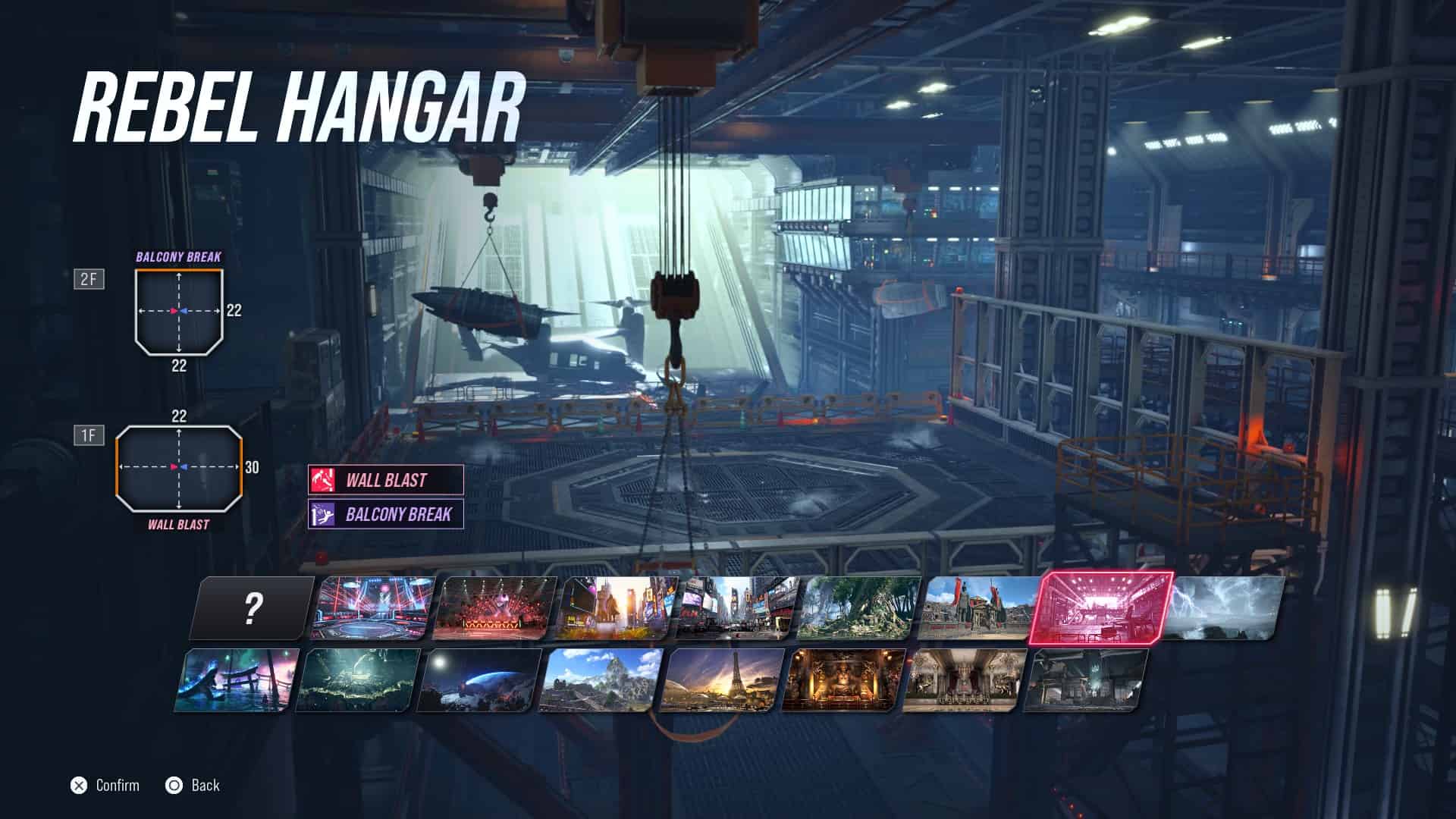 Tekken 8 stages: The Rebel Hangar stage in the stage select screen