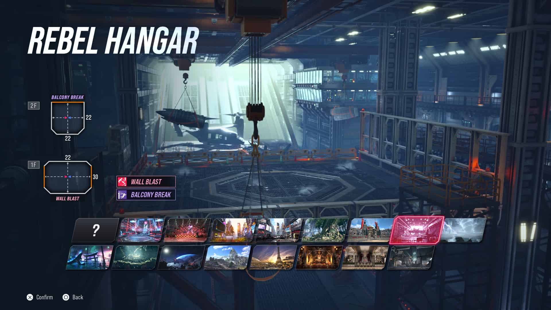 Tekken 8 stages: The Rebel Hangar stage in the stage select screen