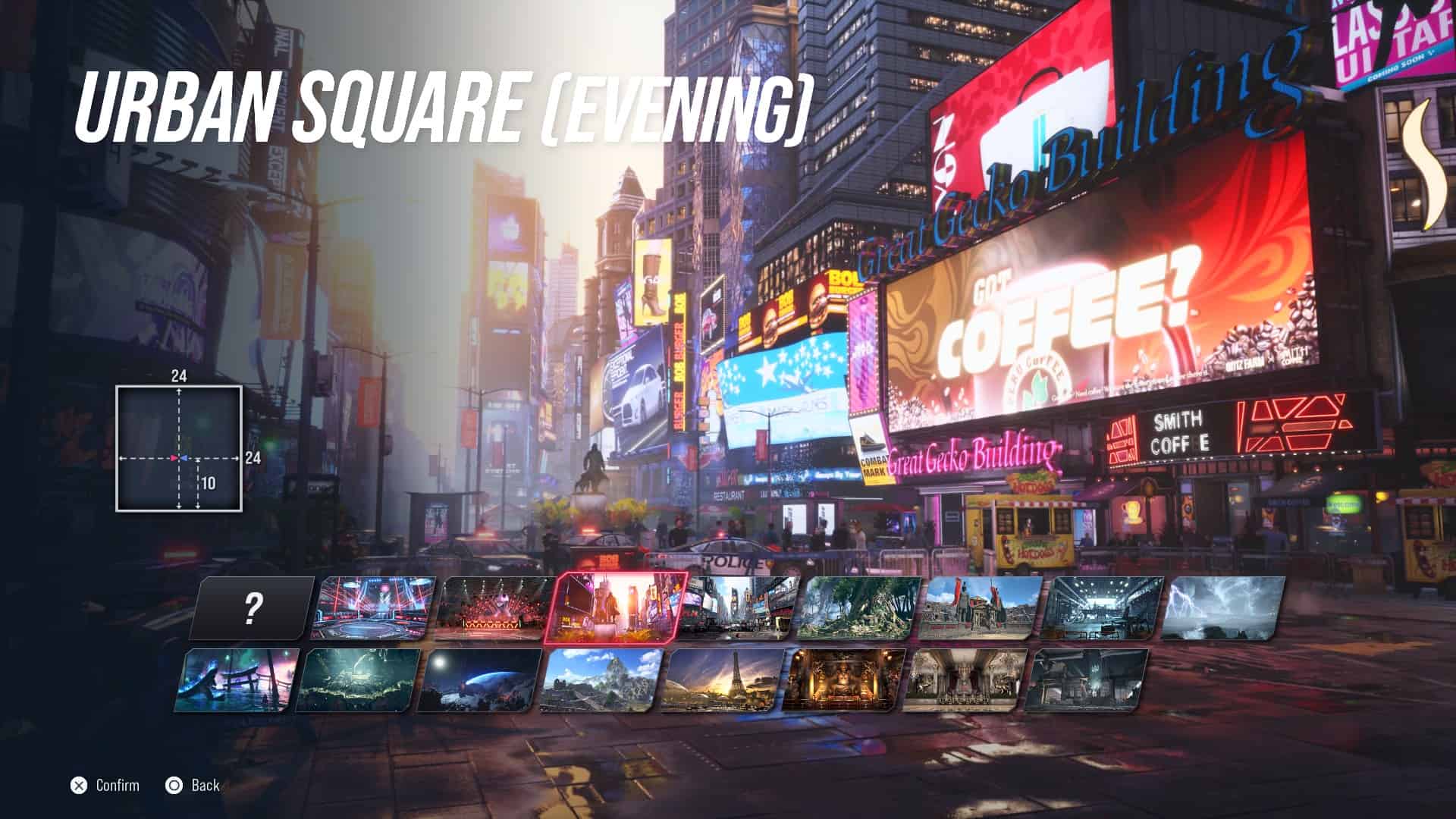 Tekken 8 stages: The Urban Square (Evening) stage in the stage select screen