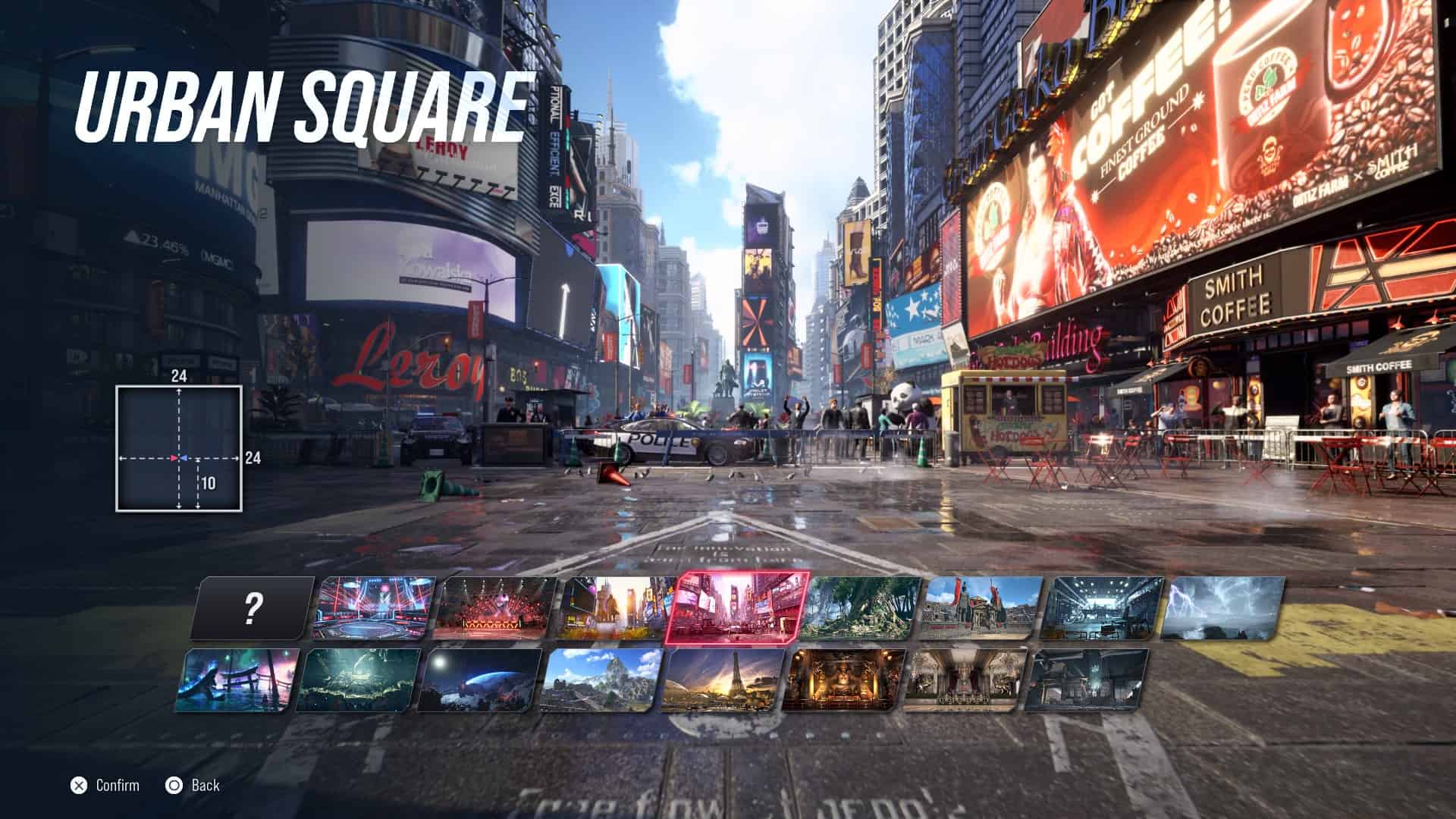 Tekken 8 stages: The Urban Square stage in the stage select screen