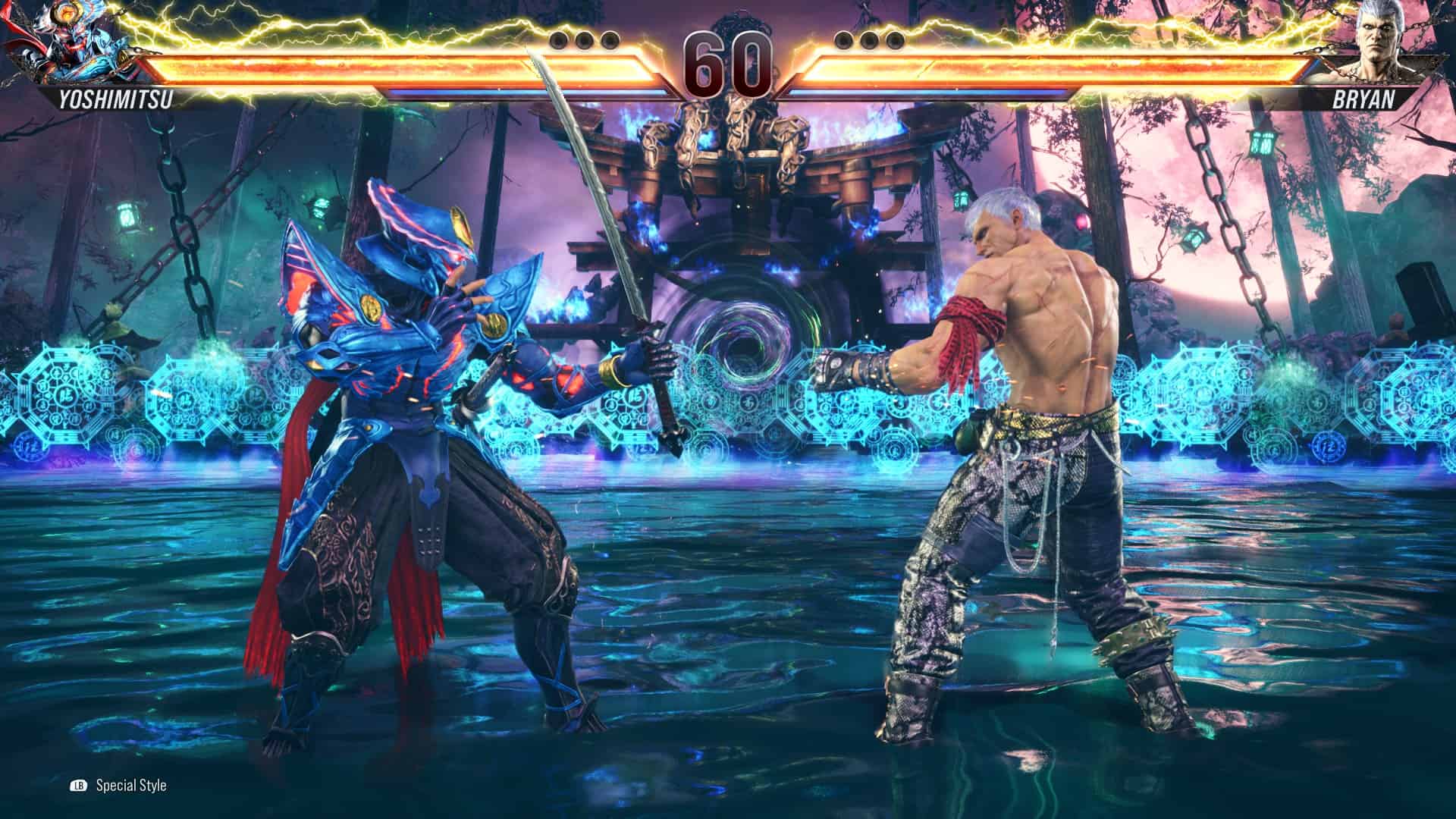Tekken 8 stages: Yoshimitsu fighting Bryan on the Into the Subconscious stage