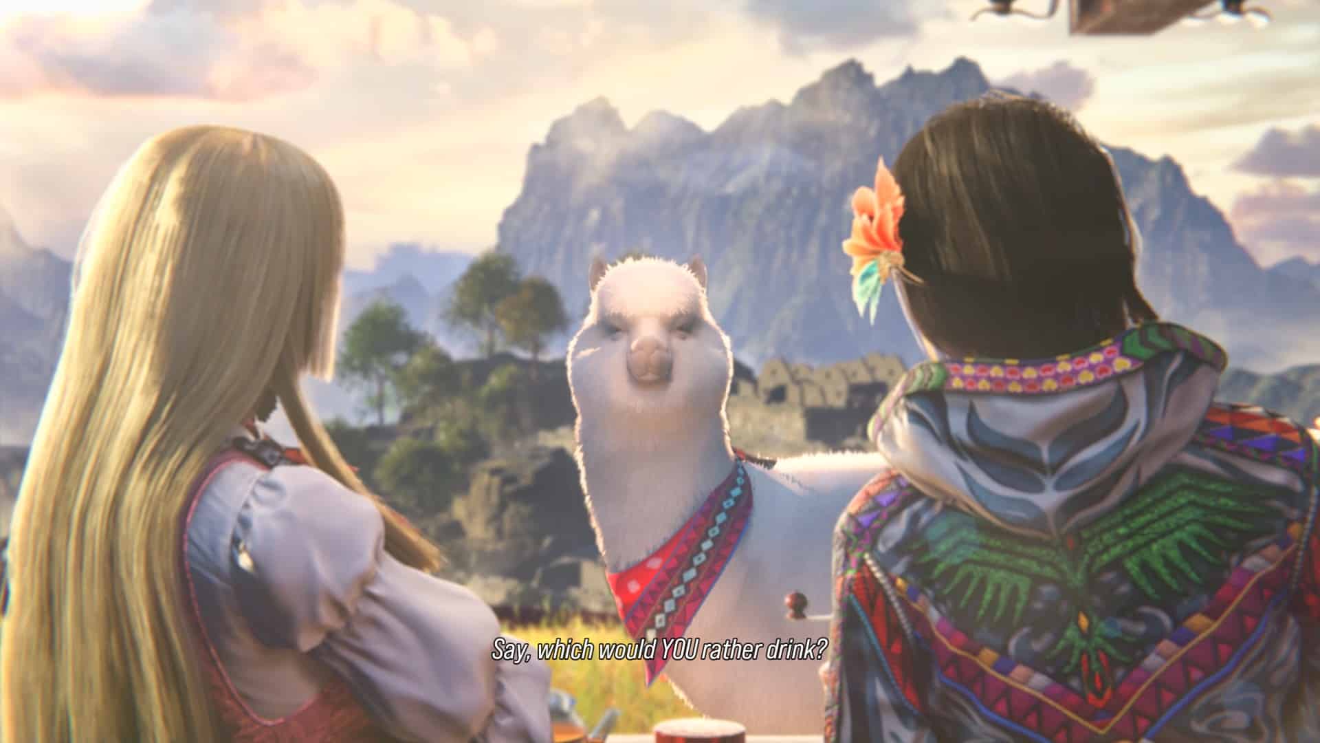 Tekken 8 trophy guide: Lili and Azucena looking at an Alpaca with mountains in the background