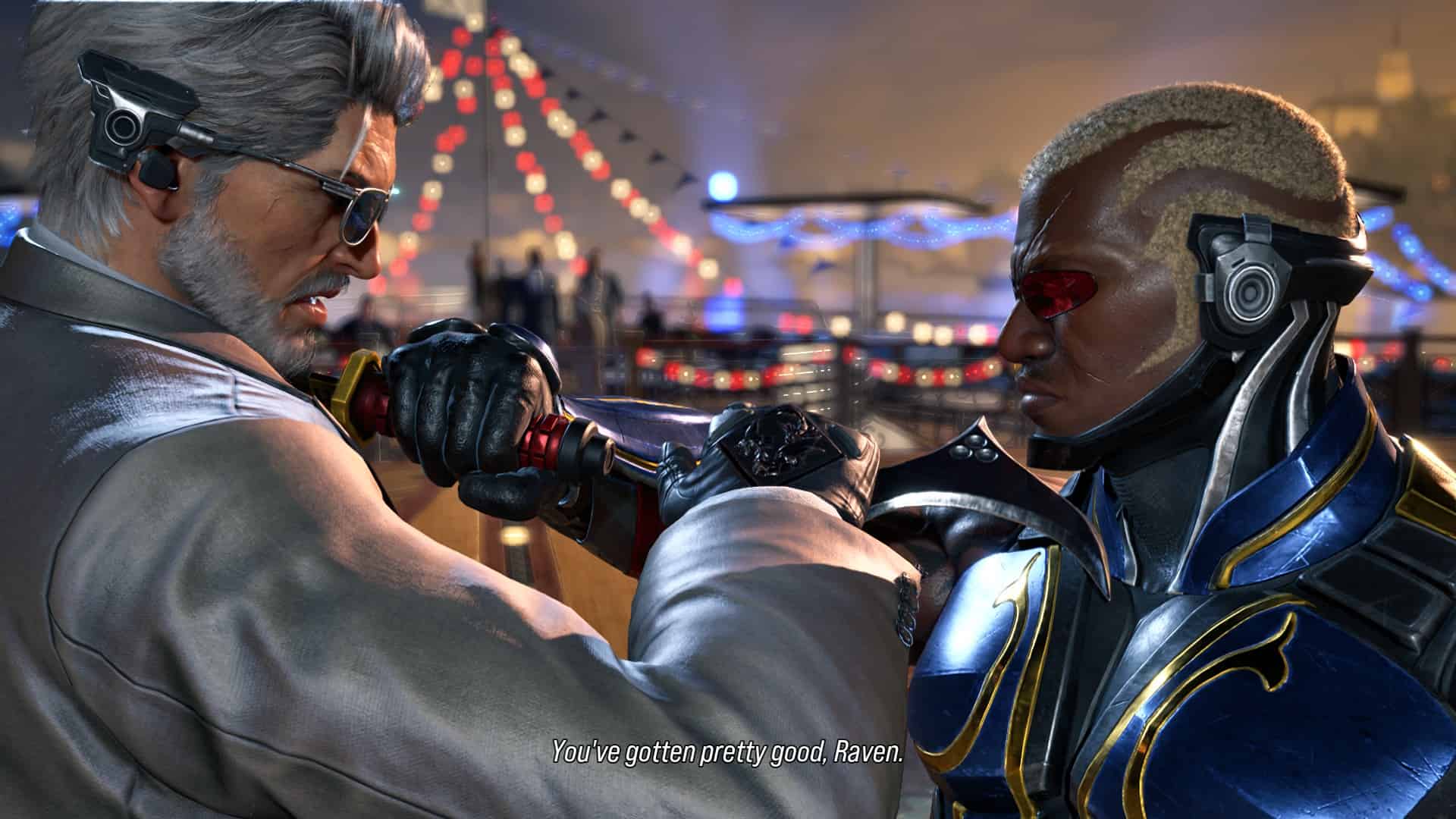 Tekken 8 Victor: Victor and Raven with their blades at each other's throats.