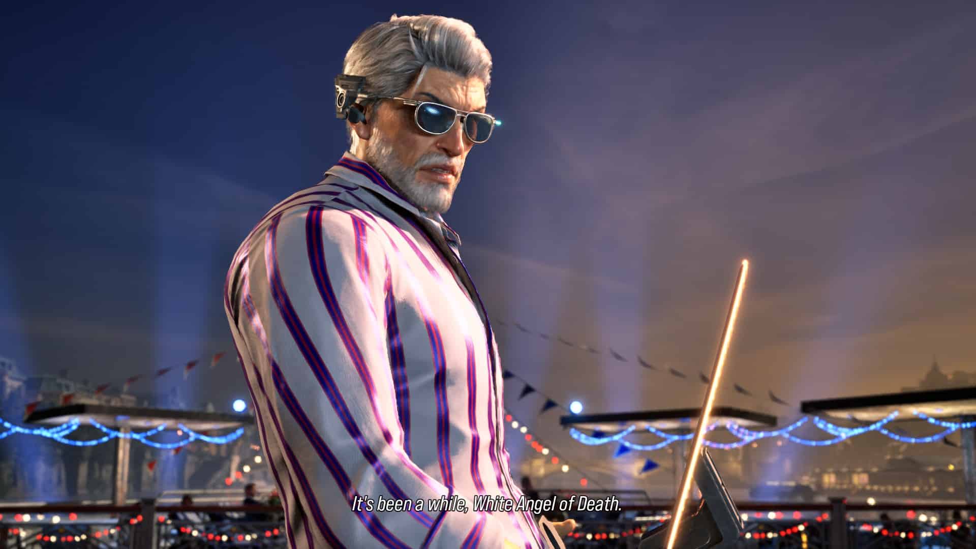 In the world of Tekken 8, a fierce fighter in a striped suit confidently wields a powerful bat with skill and precision.
