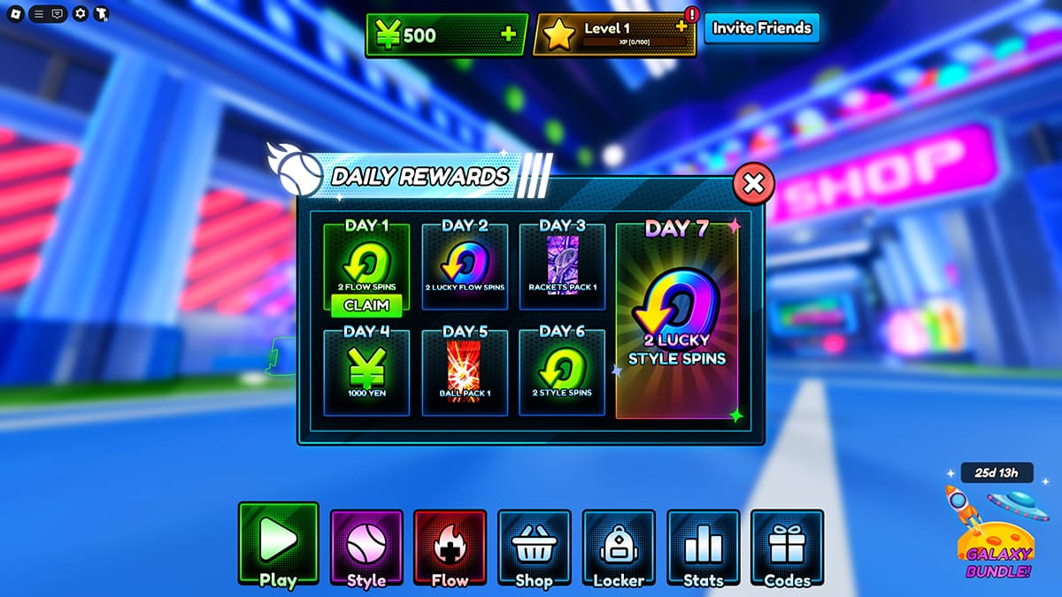 Image of the Daily Rewards screen in Tennis Zero on Roblox.