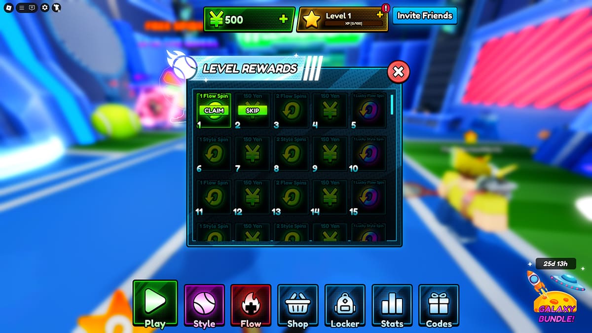 Image of the Level Rewards screen in Tennis Zero on Roblox.