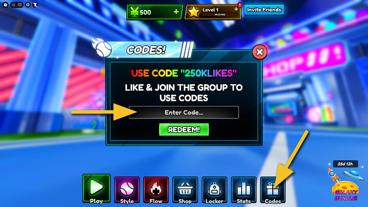 Image of the code redemption window in Tennis Zero on Roblox, with arrows pointing at the Codes button and the text input box.
