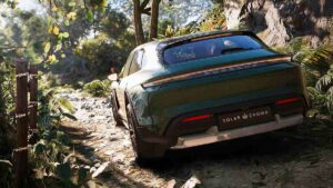 A Porsche driving through a forested area.