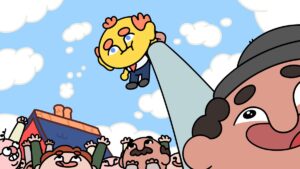 A yellow character held up by a man in Thank Goodness You're Here.