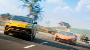 The Crew Motorfest preview: Two Lamborghinis, one yellow 4x4 and an orange sports car driving on a beachside road. Steam