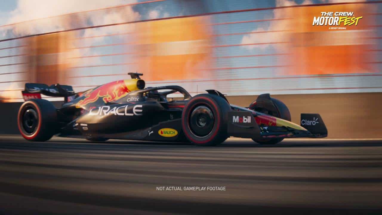 The Crew Motorfest preview: The Red Bull RB18 2022 car driving at speed on a track from left to right.