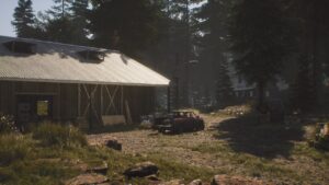 The Day Before Early Access: A house in the woods with a car parked in front of it.