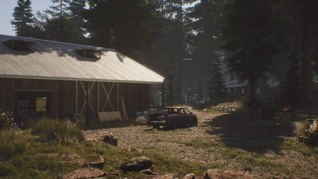 The Day Before Early Access: A house in the woods with a car parked in front of it.