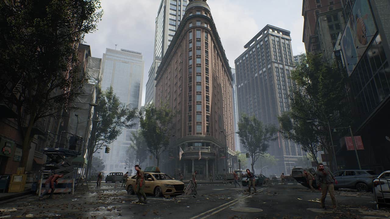 The Day Before pre-order: A bustling urban skyline with towering buildings and streams of cars weaving through the streets.