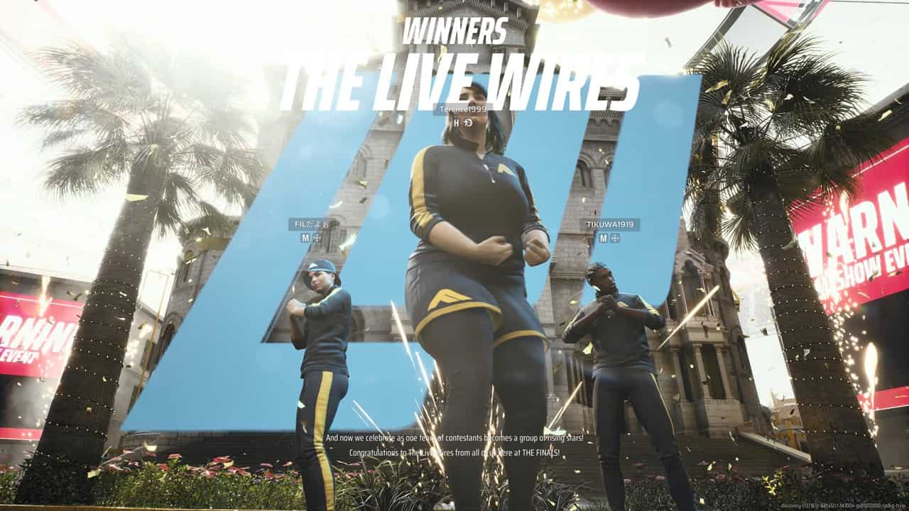 Three players stand in the victory screen after a match in The Finals.