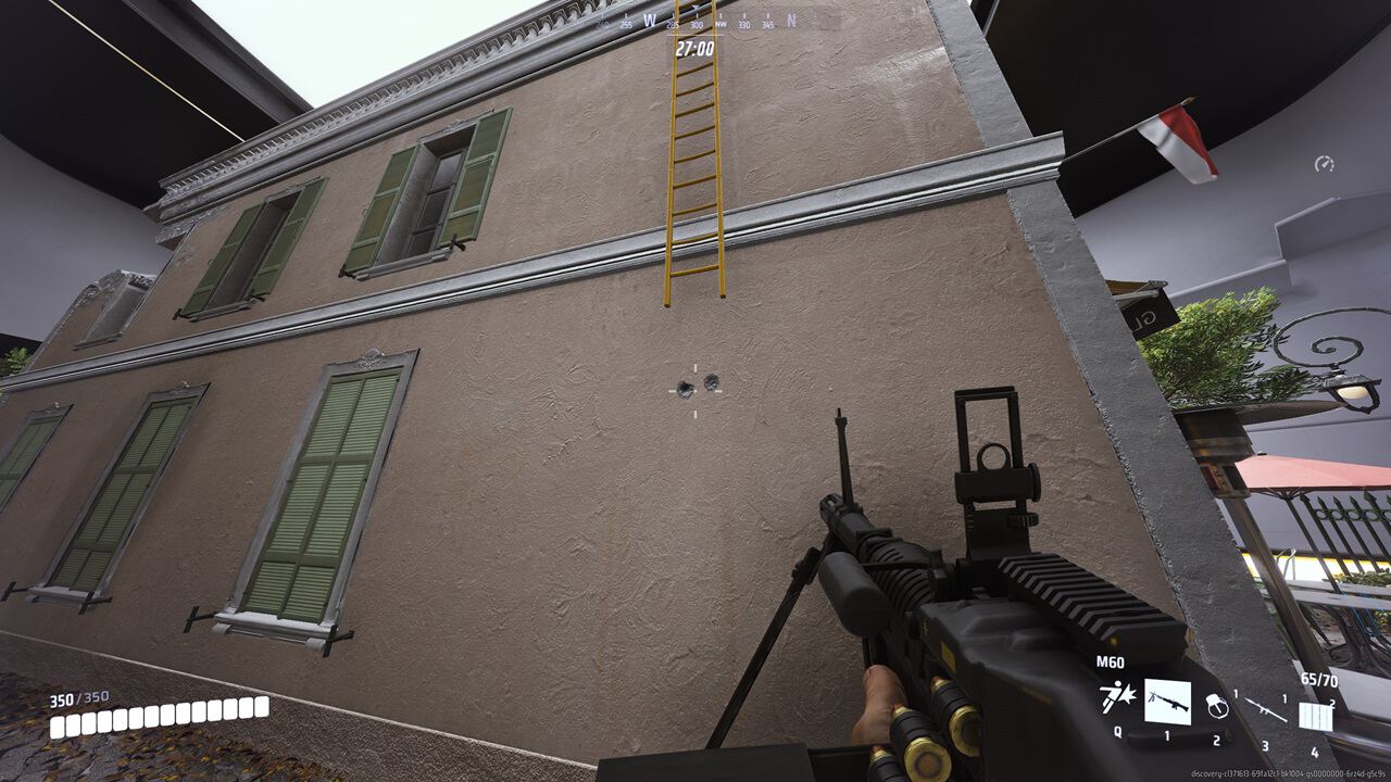 A screenshot of a building with a ladder and a gun in The Finals. Image captured by VideoGamer.
