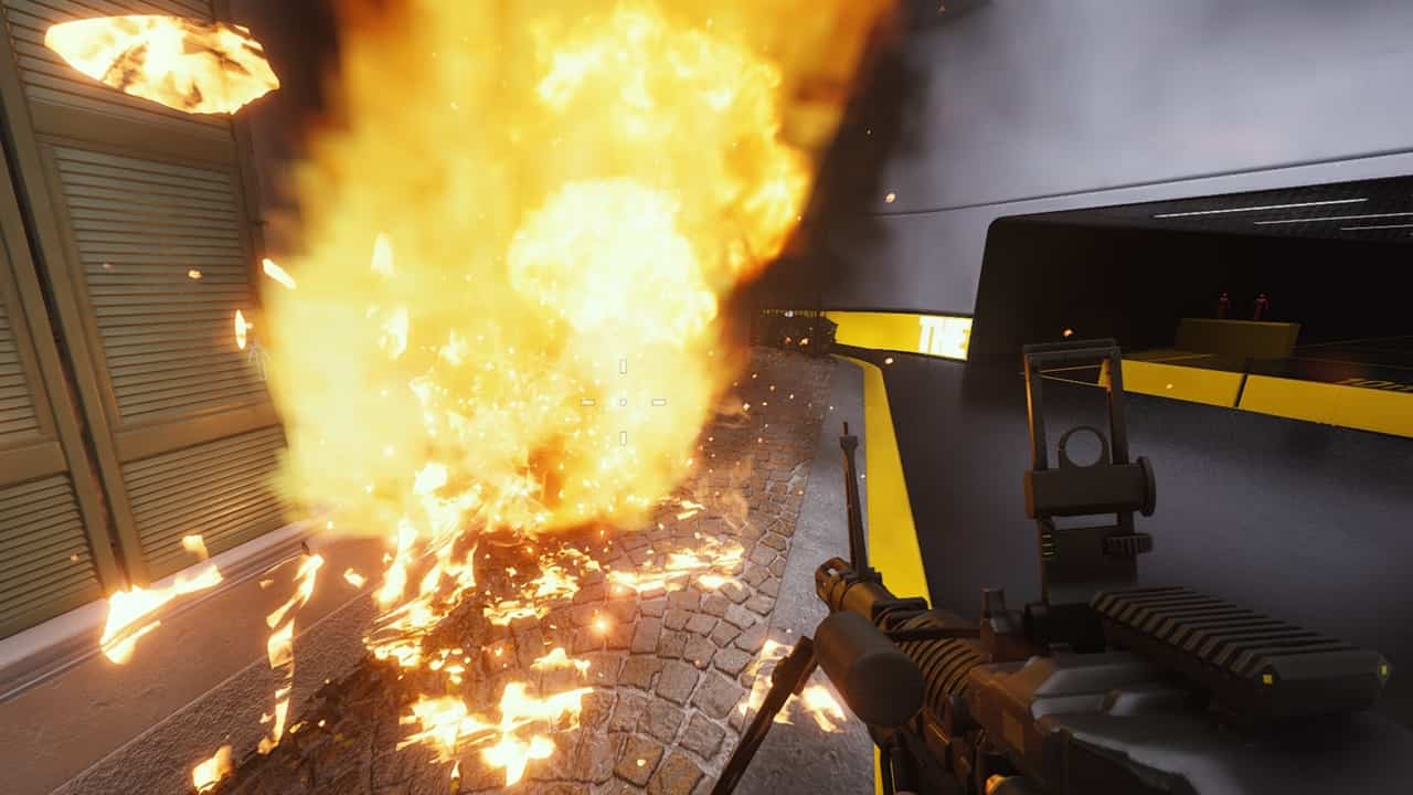 A player standing next to a fire in The Finals.