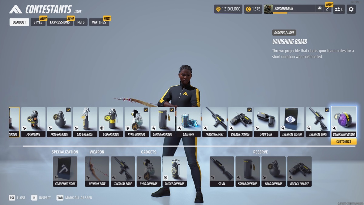 A player checks out the Vanishing Bomb in their inventory in The Finals.