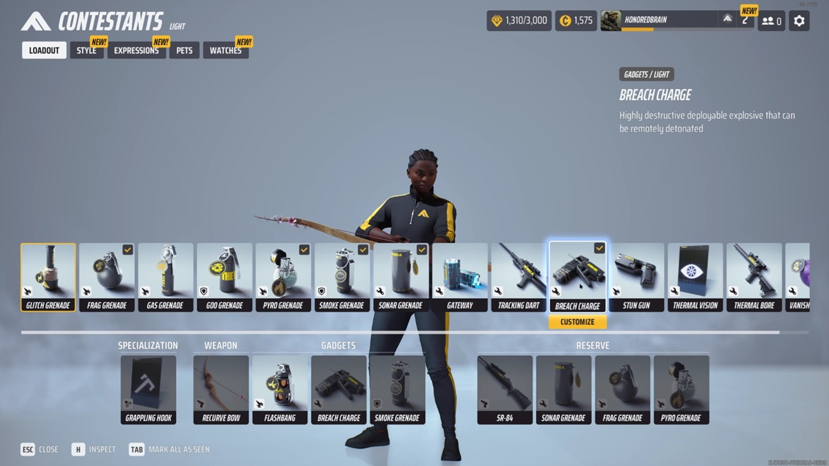 A player checks out the Breach Charge gadget in their loadout in The Finals.