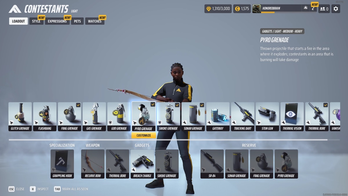 A player checks out the Pyro Grenades gadget in their loadout in The Finals.