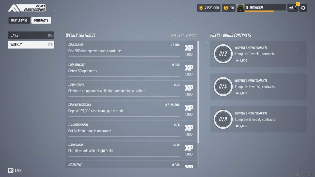Here's the weekly contracts you can take to progress career rewards in The Finals. Image captured by VideoGamer.