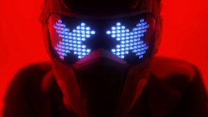 A person with a helmet incorporating The Finals' Cloaking Ability, equipped with built-in lights.