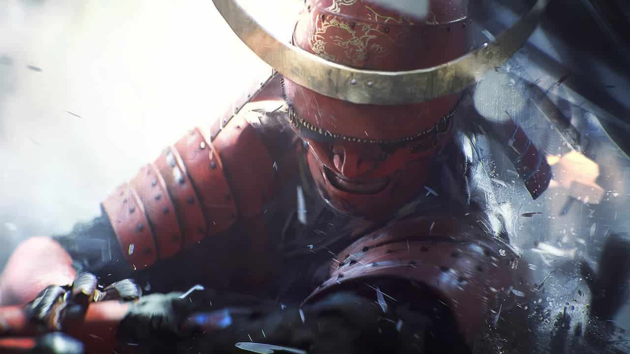 A red samurai with a helmet depicting horns, showcasing The Finals missing feature.