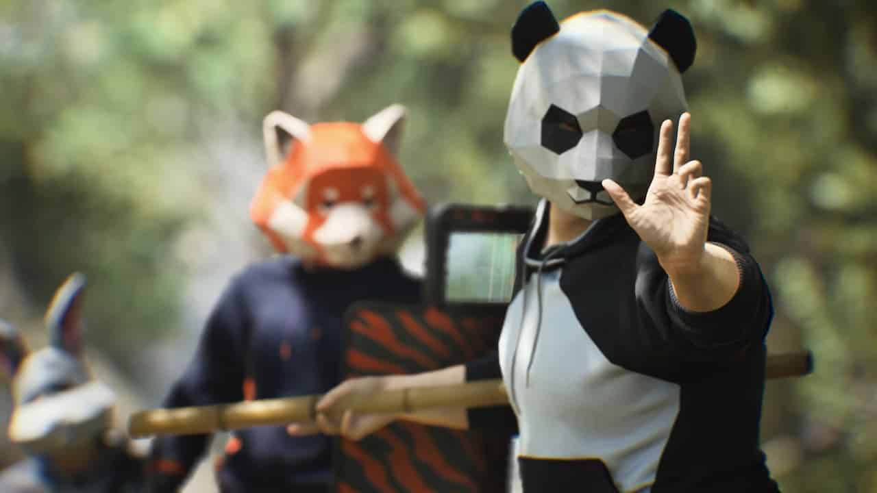 A group of people wearing panda masks embrace Apex Players as their new favorite.