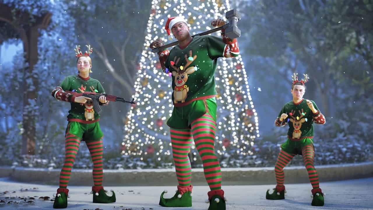 The Finals 1.4.0 patch notes - Contestants dressed as elves in front of a Christmas tree. Image via Embark Studios.