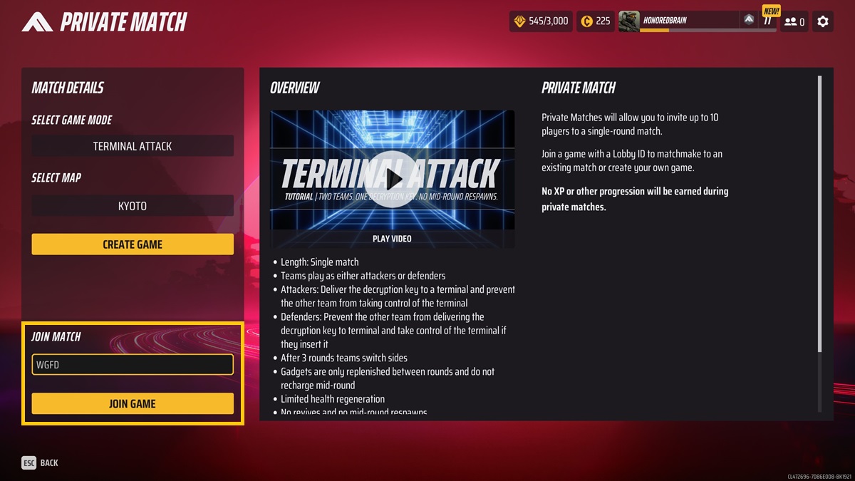 A player enters a Lobby ID to enter a private match in The Finals.