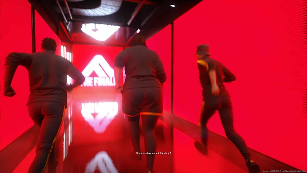 The Finals TFLA0003 error - A group of people running down a hallway with red lights in The Finals. Image captured by VideoGamer.