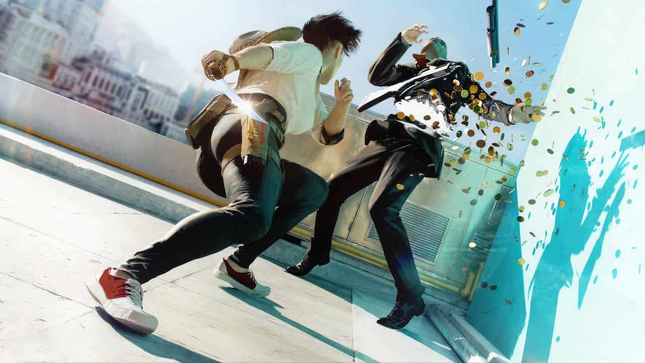 Players call for changes to overpowered aim assist in The Finals as a man and woman engage in a heated rooftop battle.