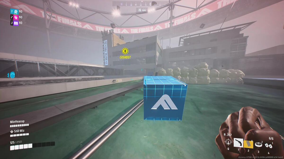 The Finals what Season 4 needs: A player holding a glowing blue cube running towards an office building with a yellow marker.