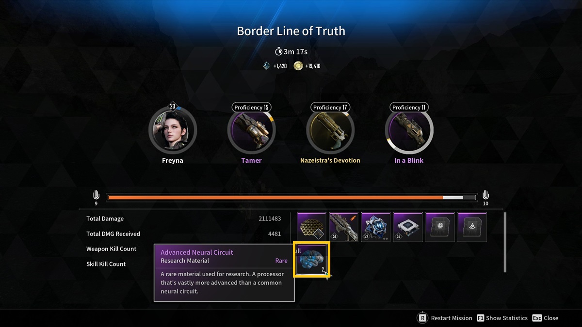A player checks the mission reward section for advanced neural circuits in The First Descendant.