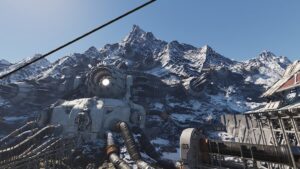 Image of a snowy mountain view with science fiction buildings built on its side, representing the view of Albion in The First Descendant.