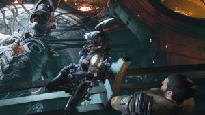 Bunny stands next to a menacing mech in The First Descendant.