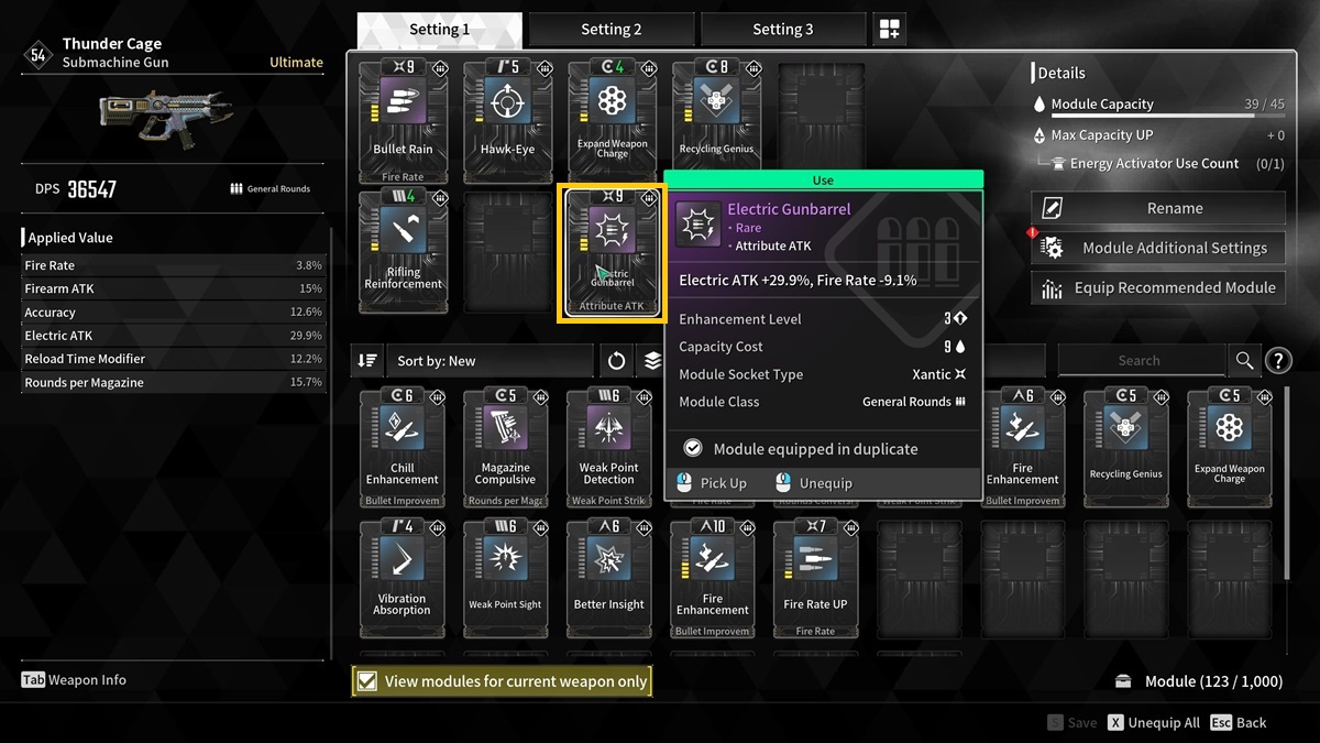 A player checks the Electric Gunbarrel module in The First Descendant.