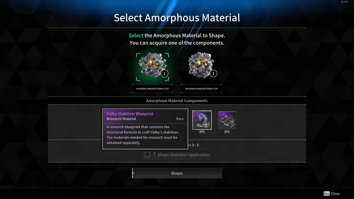 A player checks the amorphous materials that can be shaped after the Devourer fight in The First Descendant.