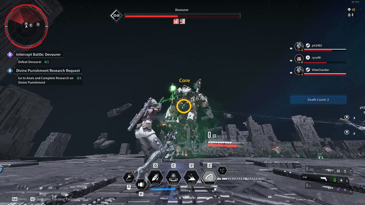A player aims at the core of the Devourer in The First Descendant.