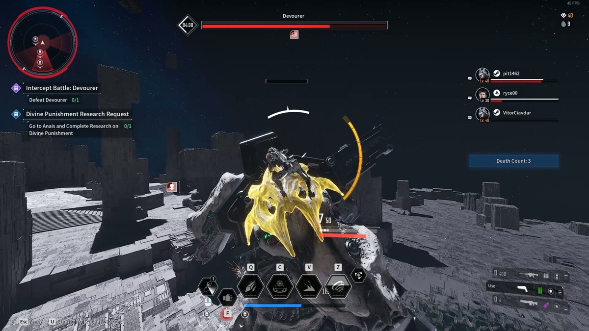 A player grapples onto the shoulder of the Devourer in The First Descendant.