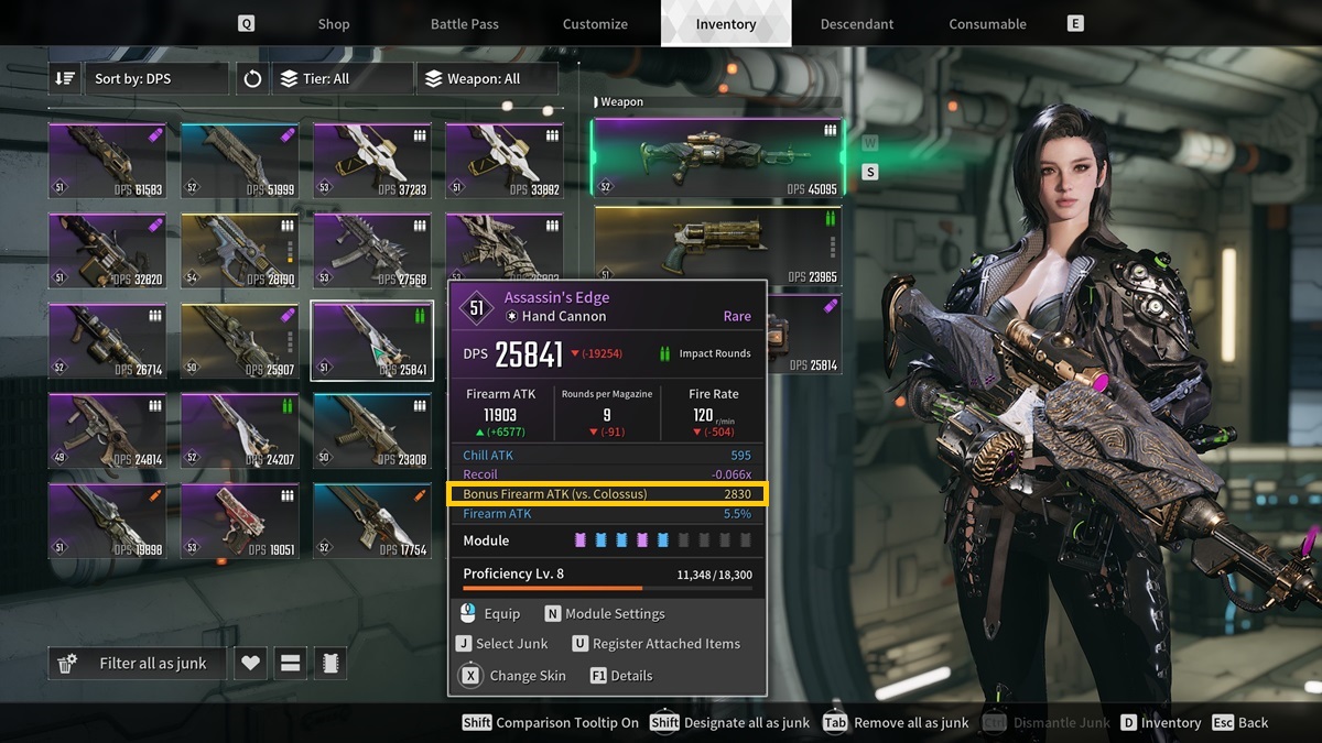 A player checks out a hand cannon with a bonus modifier to fight the Devourer in The First Descendant.