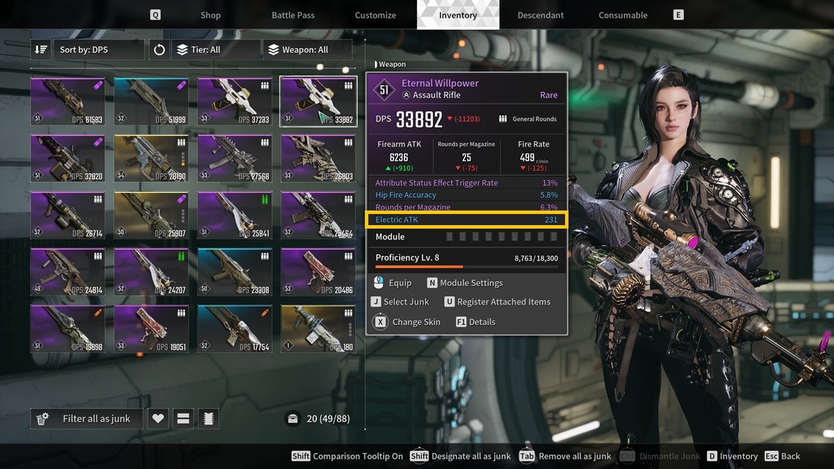 A player checks a gun with an Electric ATK bonus to beat the Devourer in The First Descendant.