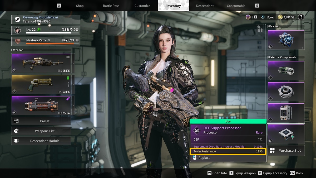 A player checks a component with toxin resistance to beat the Devourer in The First Descendant.