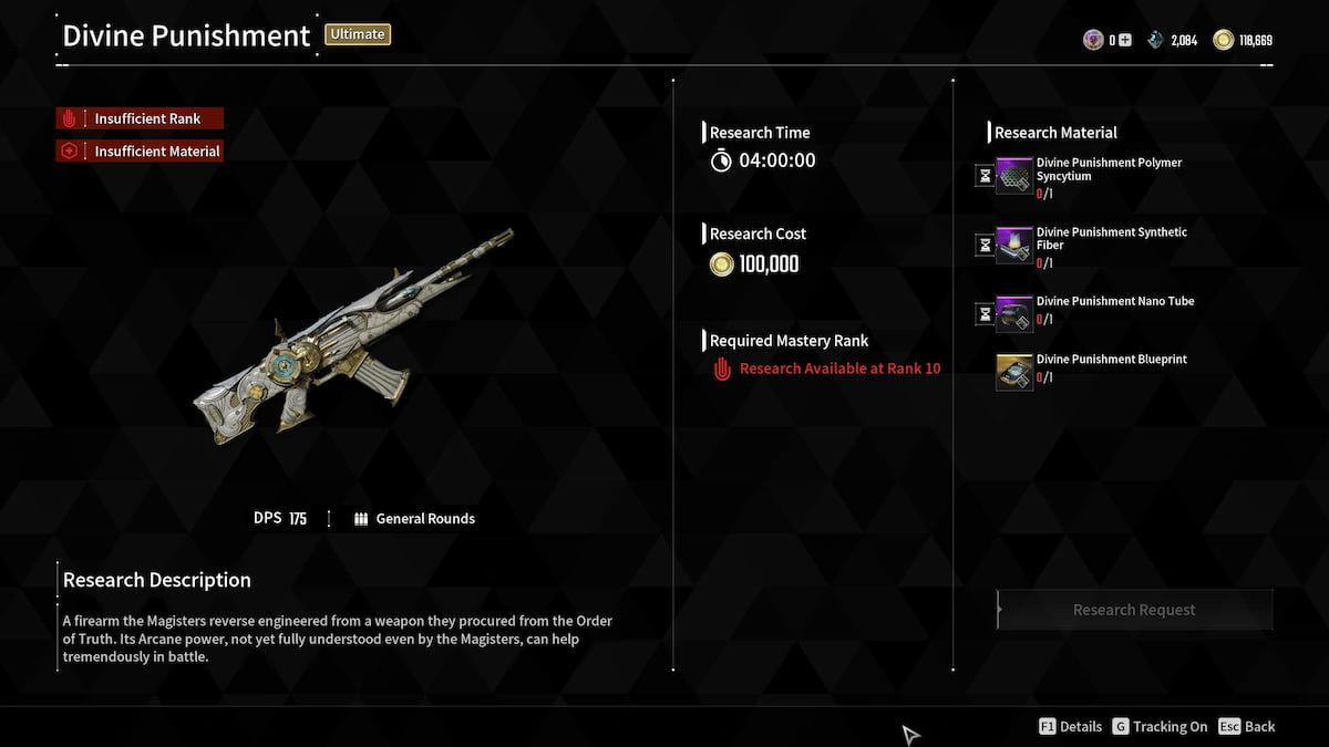 Image of the research screen for Divine Punishment weapon in The First Descendant.