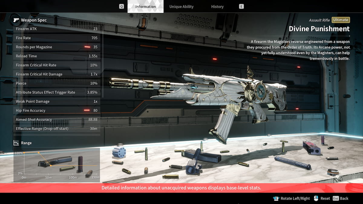 Image of the Divine Punishment assault rifle in The First Descendant, including the weapon's stats.