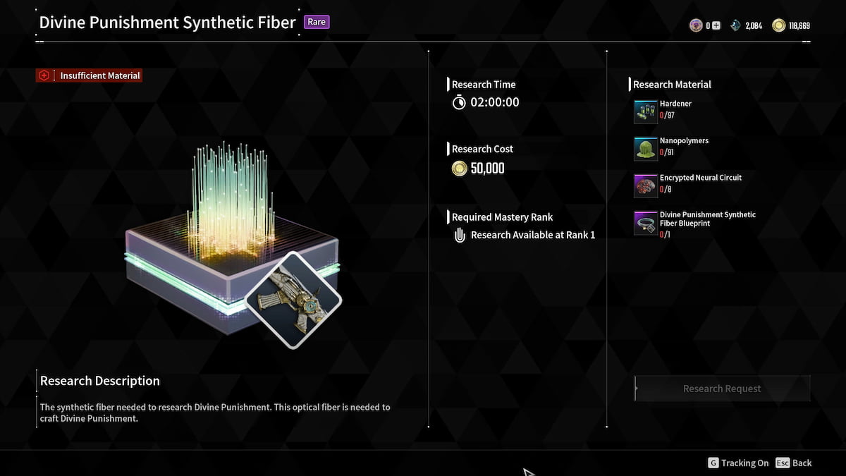 Image of the Divine Punishment Synthetic Fiber research screen in The First Descendant.
