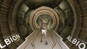 A player stands near a golden entrance to Silian's post in The First Descendant.