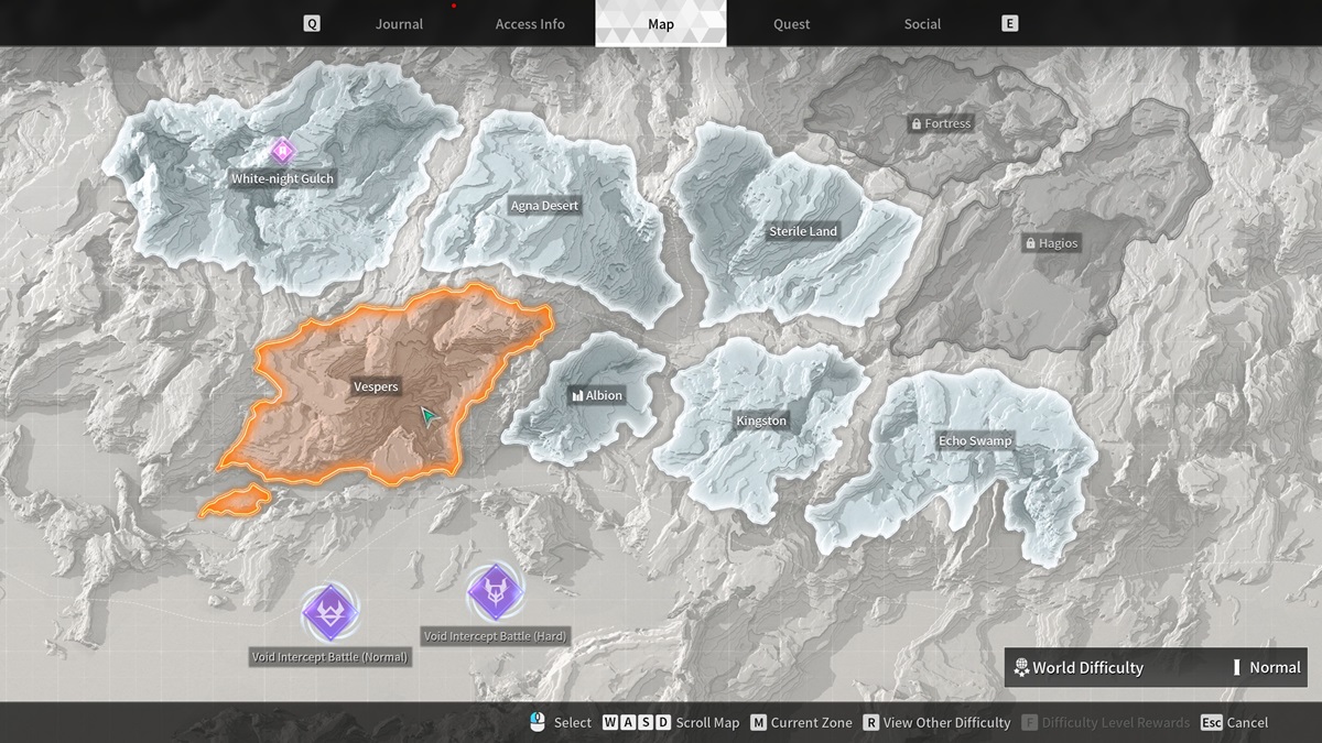 The Vespers region highlighted on a map in The First Descendant.
